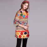 Vintage Novelty Coat 2016 Autumn New Fashion Daily Flowers Applique Luxury Print Three Quarter Sleeve Woman Coat