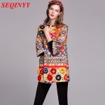 Vintage Novelty Coat 2016 Autumn New Fashion Daily Flowers Applique Luxury Print Three Quarter Sleeve Woman Coat