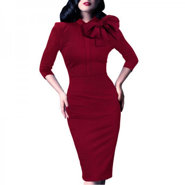 Vintage Women Autumn Elegant 1950s Retro Rockabilly Front Bow Party Formal Business Work Bodycon Sheath Pencil Dress B244