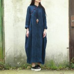 Vintage Women Dress 2016 Fall Dress Long Sleeve Chinese Cheongsam Ethnic Dress Deep Blue Qipao Jacquard Maxi Dress Robe Vestido