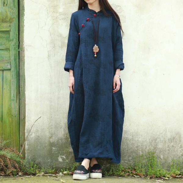 Vintage Women Dress 2016 Fall Dress Long Sleeve Chinese Cheongsam Ethnic Dress Deep Blue Qipao Jacquard Maxi Dress Robe Vestido