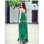 Vintage Women Sexy Strap Spaghetti V-Neck Floral Print Empire Waist Chiffon Ruffle Pleated Long Dress Beach Big Hem Dress