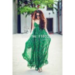 Vintage Women Sexy Strap Spaghetti V-Neck Floral Print Empire Waist Chiffon Ruffle Pleated Long Dress Beach Big Hem Dress