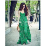 Vintage Women Sexy Strap Spaghetti V-Neck Floral Print Empire Waist Chiffon Ruffle Pleated Long Dress Beach Big Hem Dress