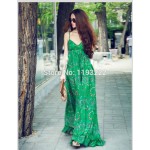 Vintage Women Sexy Strap Spaghetti V-Neck Floral Print Empire Waist Chiffon Ruffle Pleated Long Dress Beach Big Hem Dress