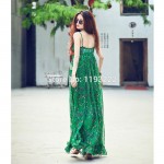 Vintage Women Sexy Strap Spaghetti V-Neck Floral Print Empire Waist Chiffon Ruffle Pleated Long Dress Beach Big Hem Dress