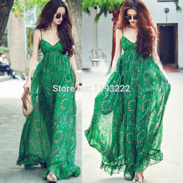 Vintage Women Sexy Strap Spaghetti V-Neck Floral Print Empire Waist Chiffon Ruffle Pleated Long Dress Beach Big Hem Dress