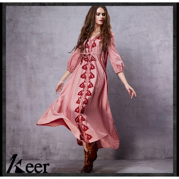 Vintage ankle-length v neck print maxi dress 2018 spring autumn summer long boho ethnic festival dresses for women gown robe