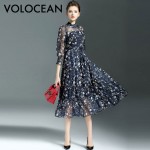 Volocean 2017 Vintage Silk Maxi Summer Dress For Women Sweet Ball Gown Flower Print Dresses Women Slim Female Dress 