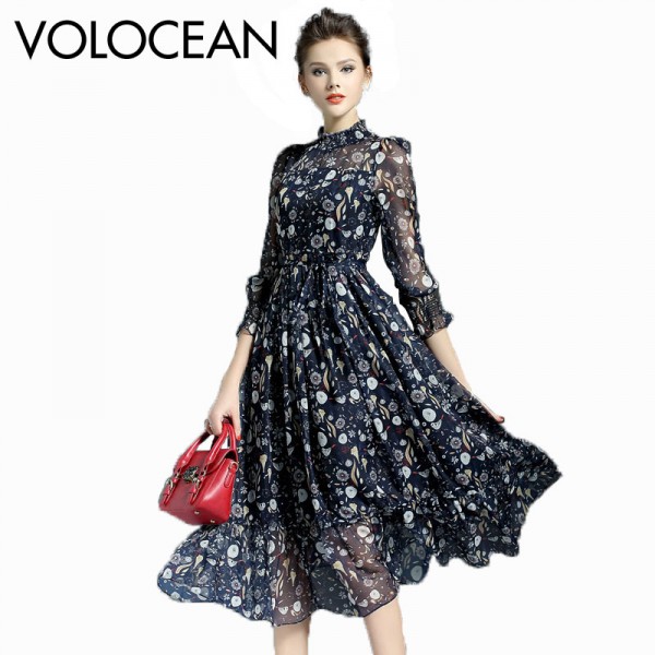 Volocean 2017 Vintage Silk Maxi Summer Dress For Women Sweet Ball Gown Flower Print Dresses Women Slim Female Dress 