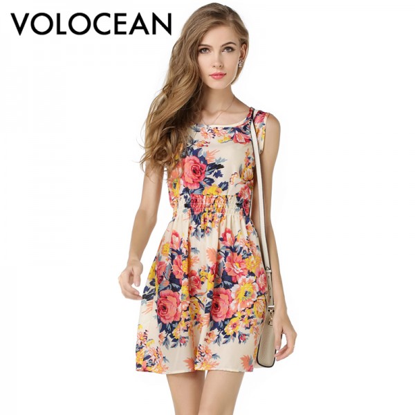 Volocean Famous Brand 2018 Floral Chiffon  Dresses Women Summer Print Dress For Women Sleeveless Ladies Dress Female Plus Size