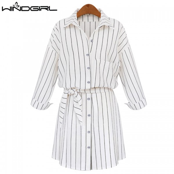 WINDGIRL striped shirt dress fashion cotton women  autumn dresses trun-down collar single botton plus size dresses robe femme