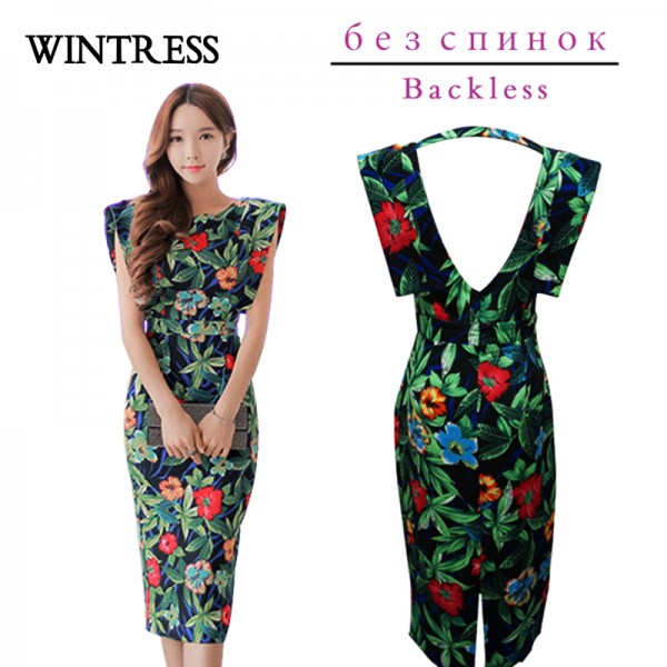 WINTRESS Women Summer Cotton Bodycon Dress Split Backless Sexy Floral Print Party Vestidos Club Plus Size O-Neck Midi Dress