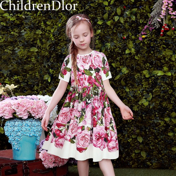 W.L.MONSOON Princess Girl Lace Dress 2017 Designer Girls Dresses with Pink Rose Floral Printed Kids Dresses for Girls Clothes