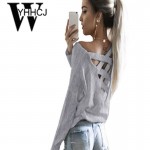 WYHHCJ 2017 women spring/summer t shirt fashion unicorn sexy Long sleeve women top back cross hollow out clothes loose t shirt 