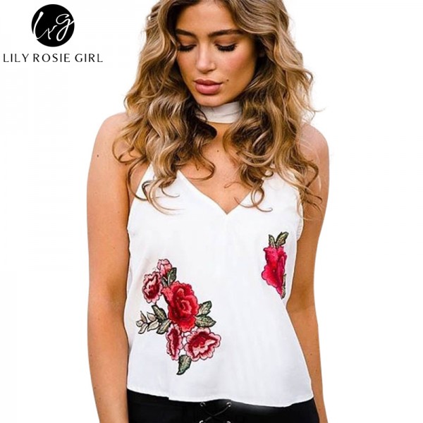 White Floral Embroidery Cami Sexy Satin Tops Off Shoulder Strap V Neck Short Women Tops Summer Beach Elegant Girls Blusa Shirt