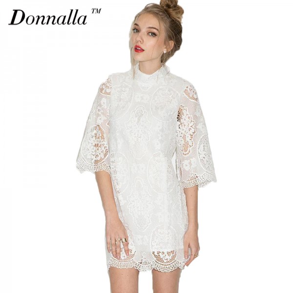 White Lace Dress Women Fashion Sheer Sleeve Dresses Sector Hem Princess Dress Women Turtleneck Slim Lace Dresses Robe Femme 2016