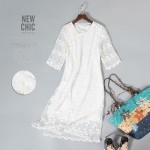 White lace dress Natural silk women dress Pure white Lace dress 3/4 sleeve Chinese style sale