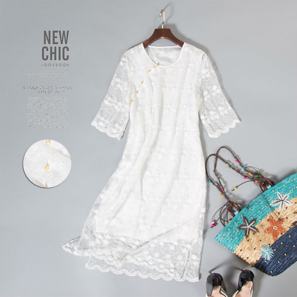 White lace dress Natural silk women dress Pure white Lace dress 3/4 sleeve Chinese style sale