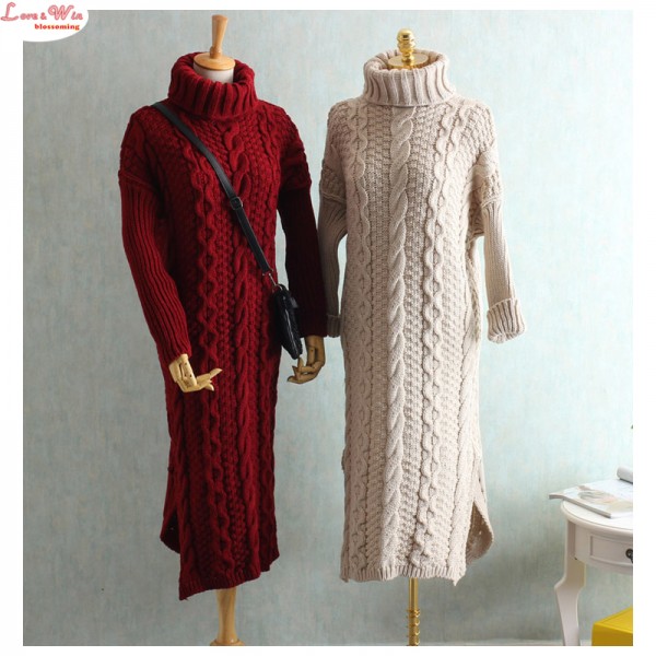 Wide Bust 105cm High Collar Pull Over Woolly Sweater Dress Women Large size Outerwear Knitting Long Vestido