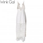 Wink Gal Bohemian Women Dress  Hollow out Spaghetti Strap Sexy White Evening Party Lace Dresses Maxi Dress D0085