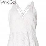 Wink Gal Bohemian Women Dress  Hollow out Spaghetti Strap Sexy White Evening Party Lace Dresses Maxi Dress D0085