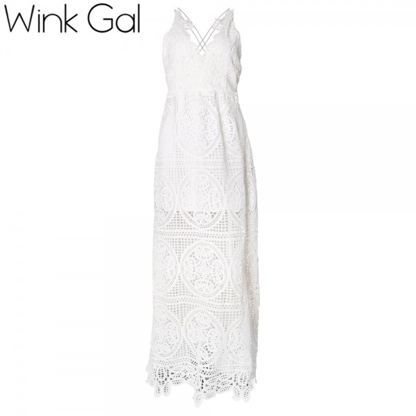 Wink Gal Bohemian Women Dress  Hollow out Spaghetti Strap Sexy White Evening Party Lace Dresses Maxi Dress D0085