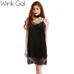 Wink Gal Sexy Black Lace Party Dresses Short Evening Slip Dress Neck Tie Sundresses Summer Beach Silk Shift Dress Women  Z0010