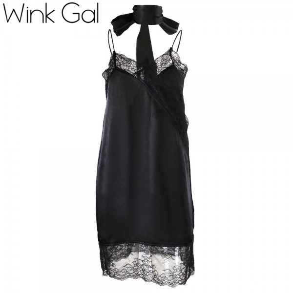 Wink Gal Sexy Black Lace Party Dresses Short Evening Slip Dress Neck Tie Sundresses Summer Beach Silk Shift Dress Women  Z0010