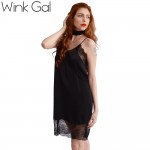 Wink Gal Sexy Black Lace Party Dresses Short Evening Slip Dress Neck Tie Sundresses Summer Beach Silk Shift Dress Women  Z0010