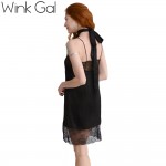 Wink Gal Sexy Black Lace Party Dresses Short Evening Slip Dress Neck Tie Sundresses Summer Beach Silk Shift Dress Women  Z0010