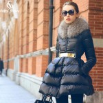 Winter Coat 2016 New Luxury Fur Collar DOWN JACKET Girls Long Jacket Parka Black Size S-XXL Big skirt hem Down coat