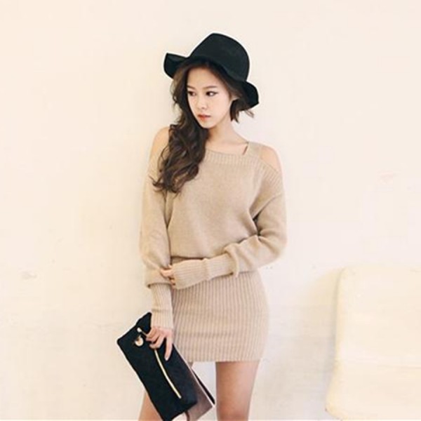 Winter Dress 2017 Korean Style Off Shoulder Strap Long Sleeve Knitted Sweater Dress Sexy Bodycon Dress Pink Vestidos D114