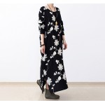 Winter Dress Plus Size Women Clothing Loose Waist O Neck Cotton Casual  Women Dress Floral Print Black Maxi Dress vestidos