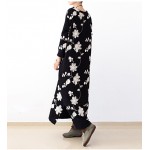 Winter Dress Plus Size Women Clothing Loose Waist O Neck Cotton Casual  Women Dress Floral Print Black Maxi Dress vestidos