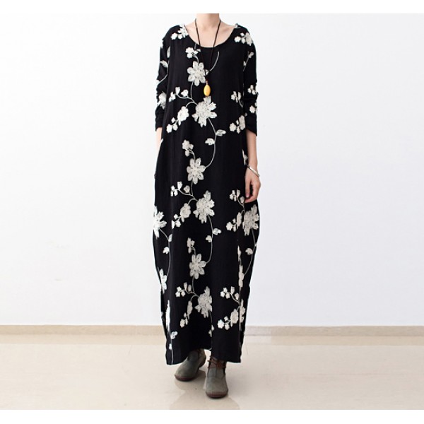 Winter Dress Plus Size Women Clothing Loose Waist O Neck Cotton Casual  Women Dress Floral Print Black Maxi Dress vestidos