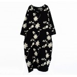 Winter Dress Plus Size Women Clothing Loose Waist O Neck Cotton Casual  Women Dress Floral Print Black Maxi Dress vestidos