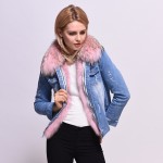 Winter Jacket Women 2017 Ladies Real Fox fur Lined  Denim Jeans Jackets Winter Pink Fur Lines Free Shipping Female Overcoat