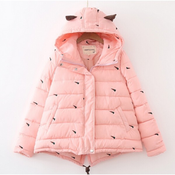 Winter New Fashion Japanese Style Fresh Rabbit Embroidery Coat Hooded Cotton Jacket Thicken Warm Student Preppy Style Women Coat