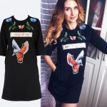 Winter Thick Embroidery Dress T Shirt Women Brand Pockets O Neck Cotton Casual Dresses Loose Black Animal robe femme 096