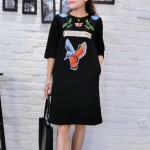 Winter Thick Embroidery Dress T Shirt Women Brand Pockets O Neck Cotton Casual Dresses Loose Black Animal robe femme 096