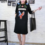 Winter Thick Embroidery Dress T Shirt Women Brand Pockets O Neck Cotton Casual Dresses Loose Black Animal robe femme 096