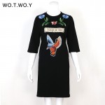 Winter Thick Embroidery Dress T Shirt Women Brand Pockets O Neck Cotton Casual Dresses Loose Black Animal robe femme 096