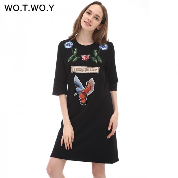 Winter Thick Embroidery Dress T Shirt Women Brand Pockets O Neck Cotton Casual Dresses Loose Black Animal robe femme 096