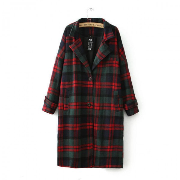 Winter Women New retro classic red and green plaid long section single-breasted wool coat female outerwear wool & blends