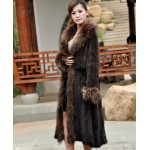 Winter Women's Genuine Knitted Mink Fur Coat Raccoon Fur Collar Lady Trench Overcoat Outerwear VF0358