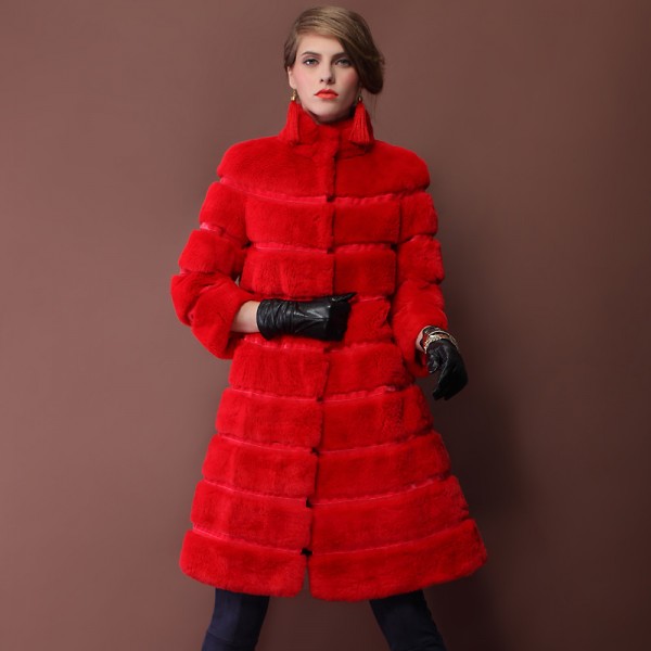 Winter Women's Genuine Natural Rex Rabbit Fur Coat Mandarin Collar Lady Warm Trench Overcoat Outerwear VF0382