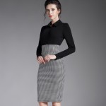 Winter black work patchwork midi bodycon bandage women's office Long Sleeve casual women vintage warm pencil dress b31