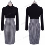 Winter black work patchwork midi bodycon bandage women's office Long Sleeve casual women vintage warm pencil dress b31