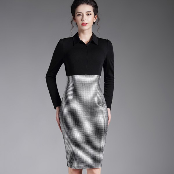 Winter black work patchwork midi bodycon bandage women's office Long Sleeve casual women vintage warm pencil dress b31